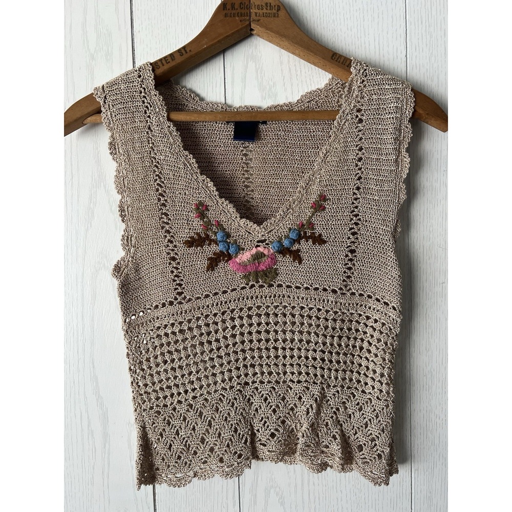 Candies Y2K Beige Crochet Knit Shirt Top Blouse Tank Embroidery Cropped Small